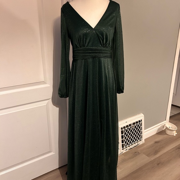 Long Sleeve Sparkly Split Formal Dress - Picture 3 of 3